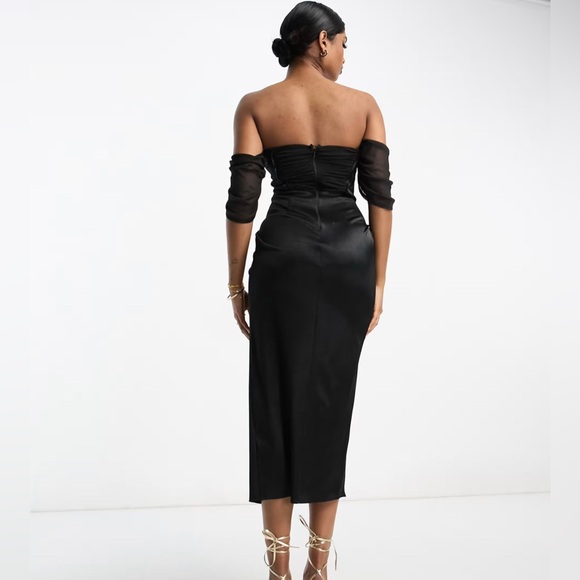 ASOS DESIGN bandeau corset mesh satin midi dress in black - Picture 2 of 11